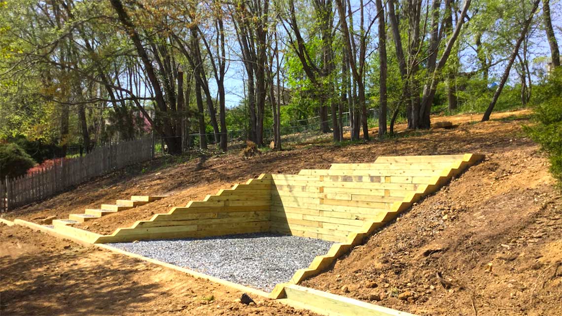 Timber retaining wall with steps in Langhorne PA