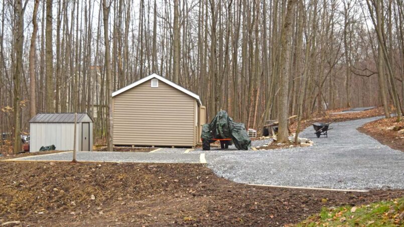 Side view of shed and pads